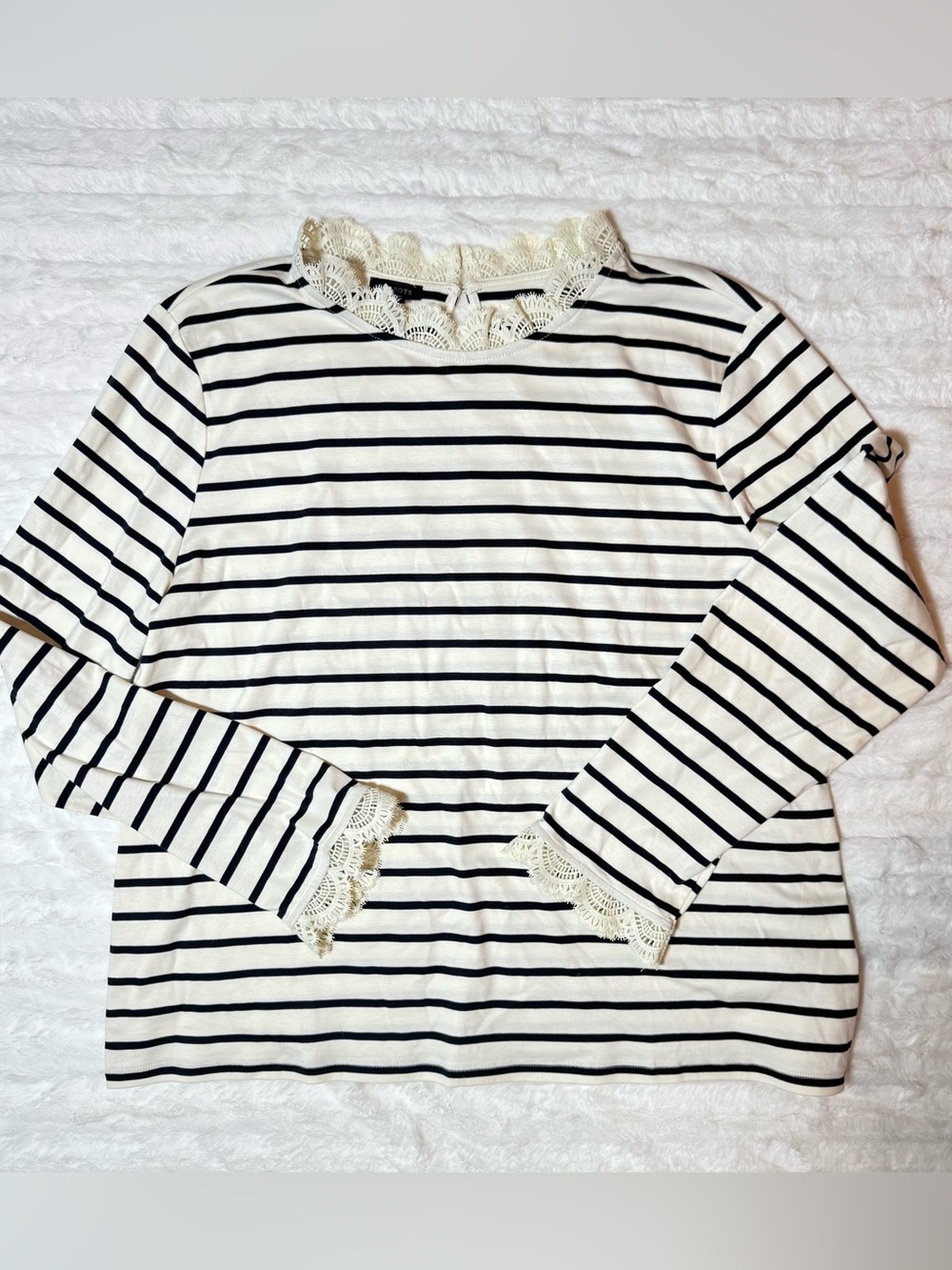 Lace-Trim Navy & White Striped Long-Sleeve Top